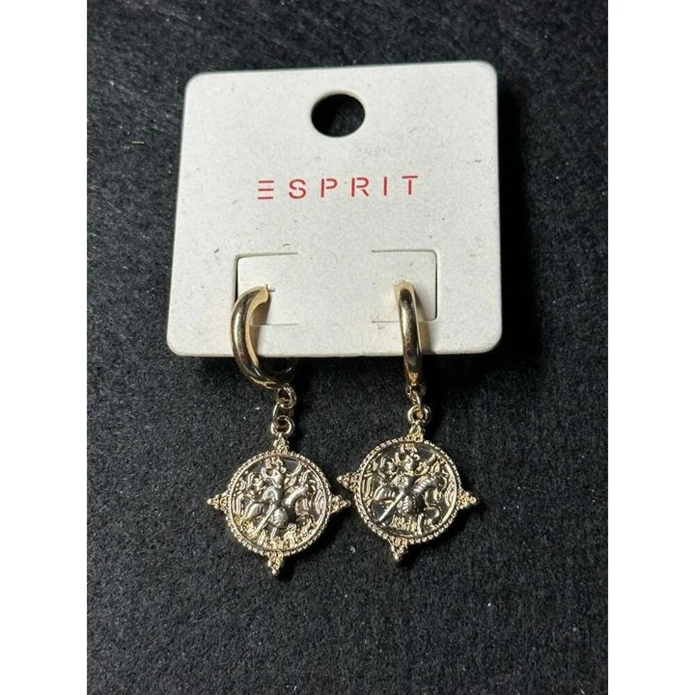 ESPRIT Gold Tone Coin Medallion Charm Dangle Hoop Earrings Embossed Boho New